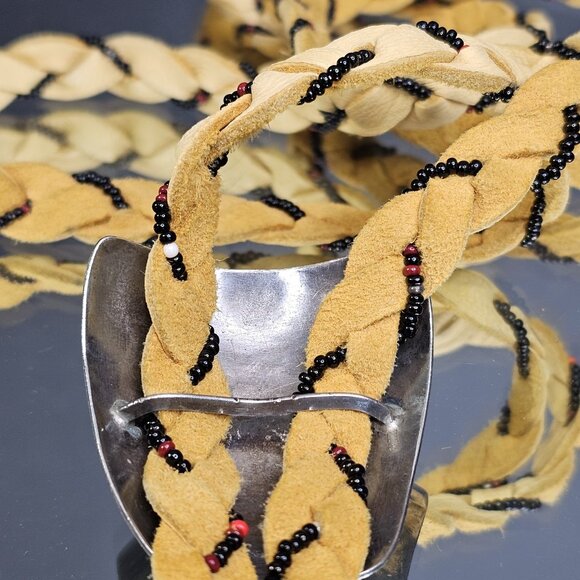 Navajo Turquoise Sterling Silver Bolo Tie With Beaded Leather Native American US - Picture 10 of 15